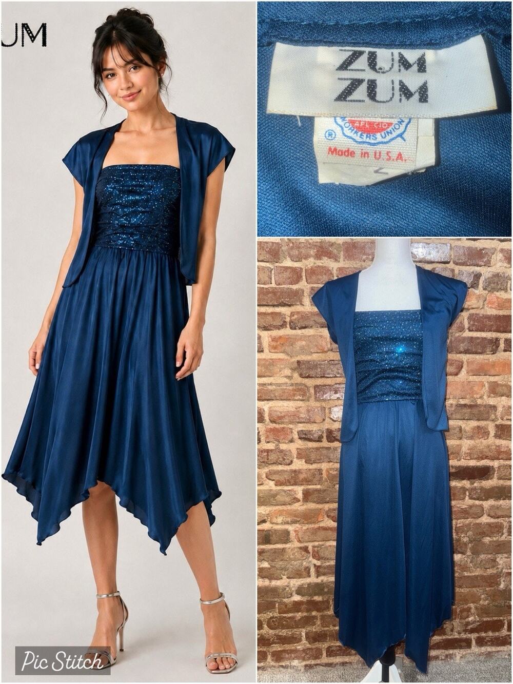 Vintage 80s Zum Zum Prom Dress 3/4 Teal Sequin Handkerchief Hem Bolero Disco EUC